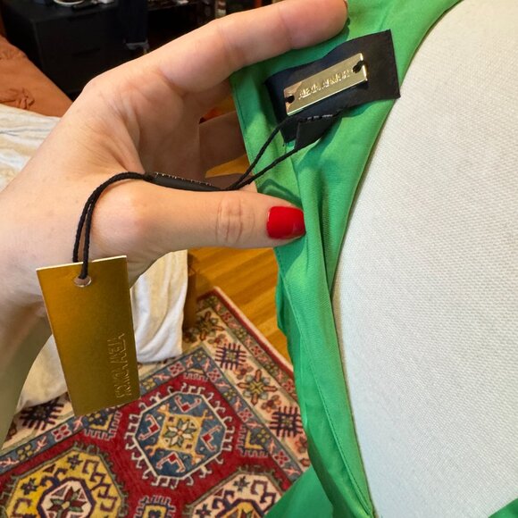 Alexia Admor Green Silky Dress Bust Ruching fitted waist leg slit wedding event - Picture 6 of 7